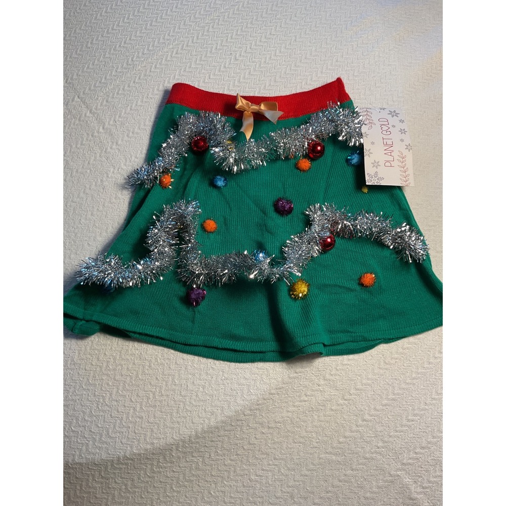 Planet‎ Gold Christmas Tree Skirt Women's Green Red Bow Holiday Party XS